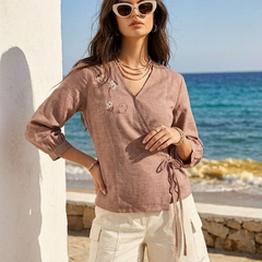 Women’s Dusty Rose Linen Cotton Embroidered V-Neck Top