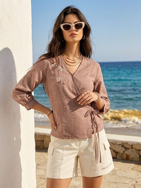 Women’s Dusty Rose Linen Cotton Embroidered V-Neck Top