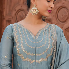 Women's Vichitra Silk Embroidered Kurta with Palazzo Pant & Dupatta Set