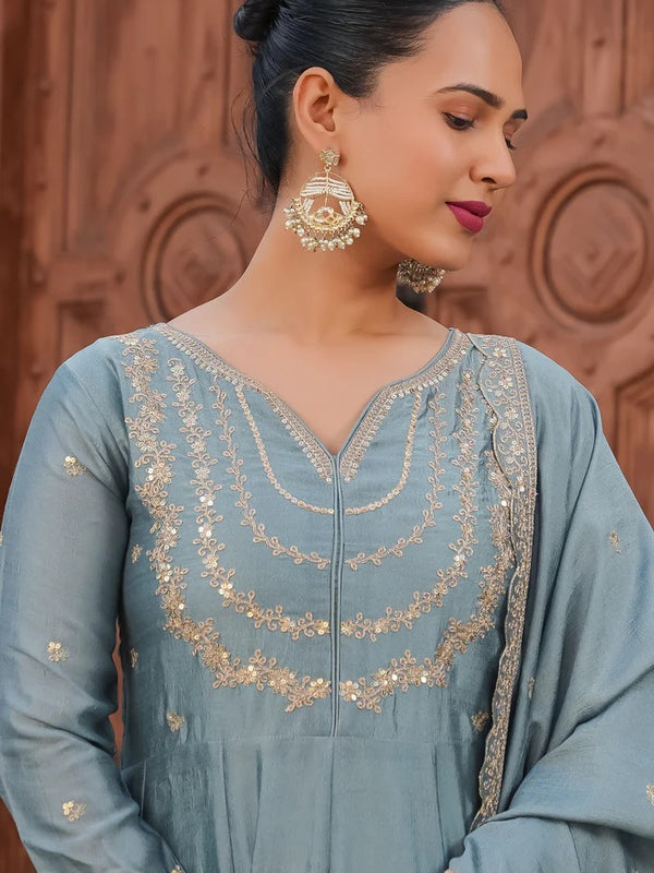 Women's Vichitra Silk Embroidered Kurta with Palazzo Pant & Dupatta Set