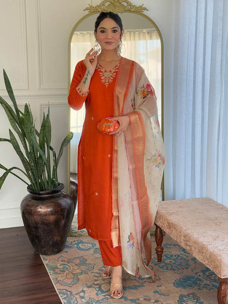Silk Blend Kurta Set With Zcard Dupatta