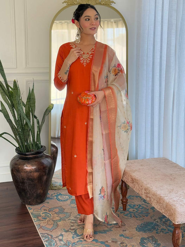Silk Blend Kurta Set With Zcard Dupatta
