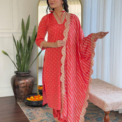 Women's Bandhani Print Embroidered Kurta Pant Set With Muslin Dupatta