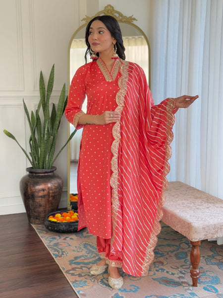 Women's Bandhani Print Embroidered Kurta Pant Set With Muslin Dupatta