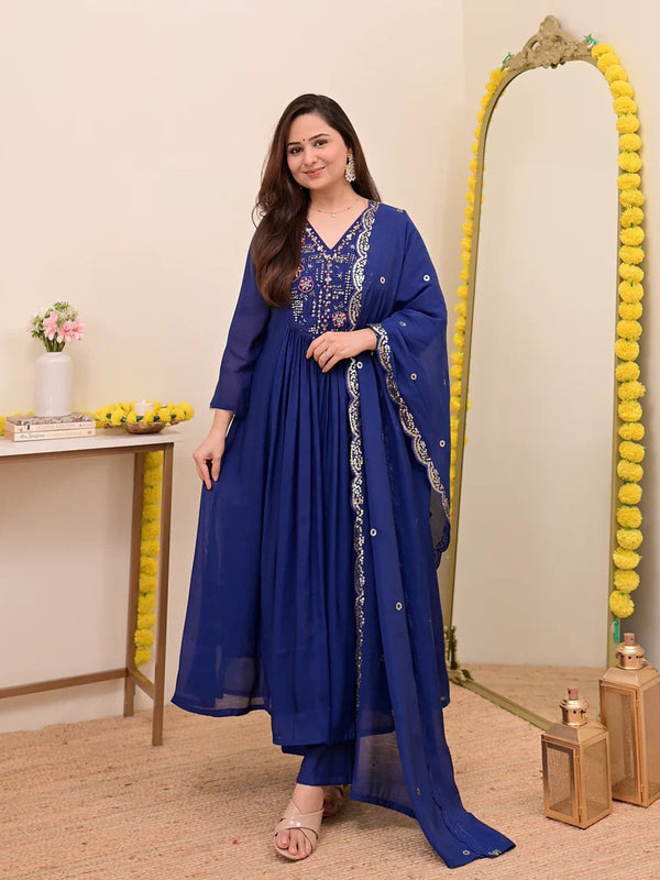 Women's Chanderi Silk Embroidered Kurta Pant Set With Chanderi Dupatta