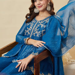 Women's Crunchy Silk Kurta With Pant & Dupatta Set