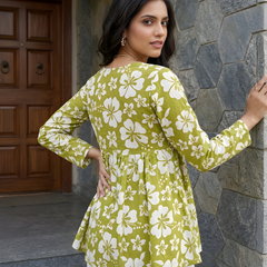 Women’s White-Parrot Cotton Printed Flared Kurti