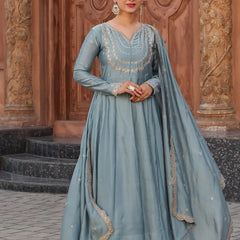 Women's Vichitra Silk Embroidered Kurta with Palazzo Pant & Dupatta Set