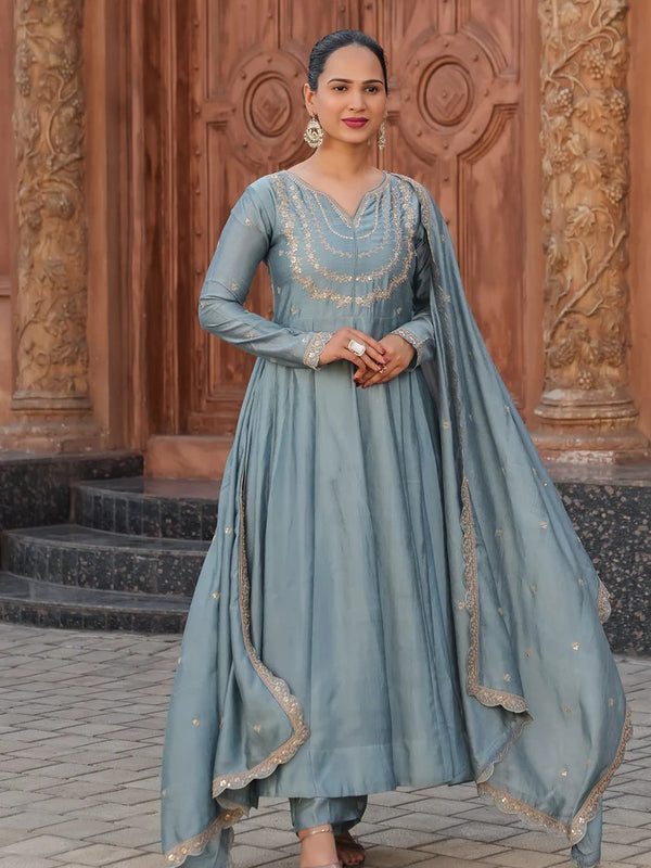 Women's Vichitra Silk Embroidered Kurta with Palazzo Pant & Dupatta Set
