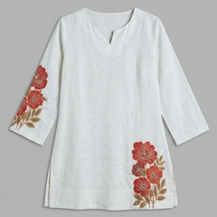 Women’s White Cotton DTF Printed V-Neck Fancy Top