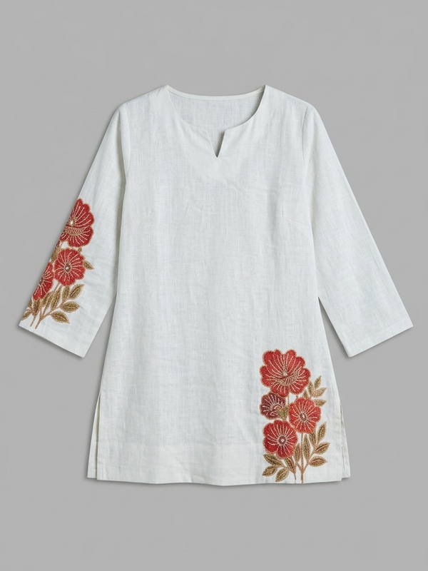 Women’s White Cotton DTF Printed V-Neck Fancy Top