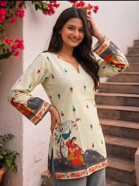 Women’s Cream Cotton Kalamkari Printed V-Neck Tunic