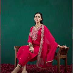 Women’s Chanderi Embroidered Kurta with Stitched Bottom & Organza Dupatta Set