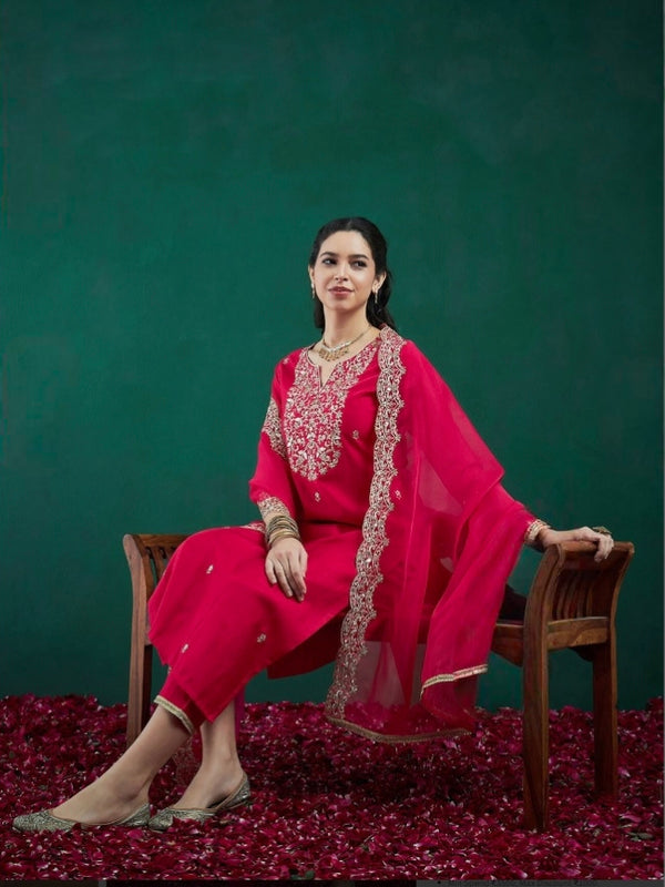 Women’s Chanderi Embroidered Kurta with Stitched Bottom & Organza Dupatta Set