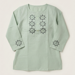 Women’s Sage Green Linen Cotton Embroidered Split Neck Top