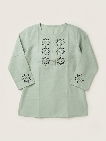 Women’s Sage Green Linen Cotton Embroidered Split Neck Top