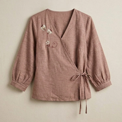 Women’s Dusty Rose Linen Cotton Embroidered V-Neck Top