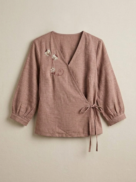 Women’s Dusty Rose Linen Cotton Embroidered V-Neck Top