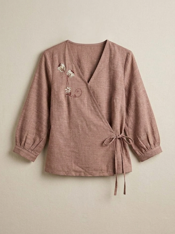 Women’s Dusty Rose Linen Cotton Embroidered V-Neck Top