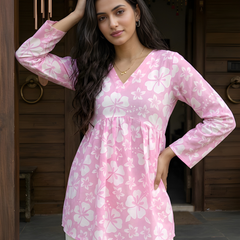 Women’s White-Pink Cotton Printed Flared Kurti