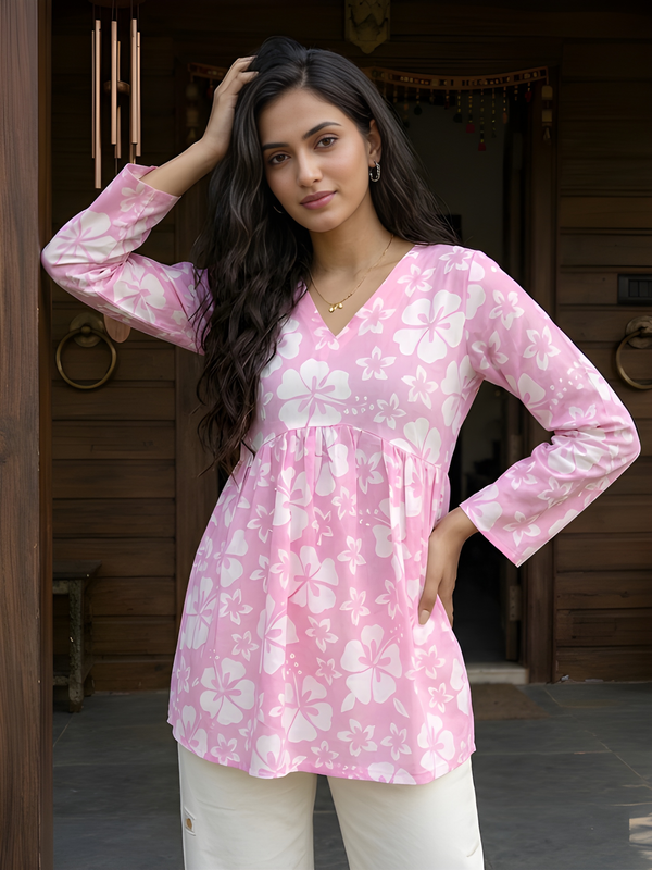 Women’s White-Pink Cotton Printed Flared Kurti