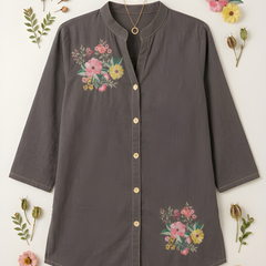 Women’s Grey Cotton Floral Printed Shirt Style Tunic