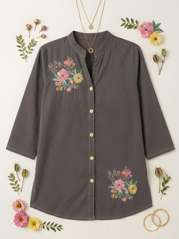 Women’s Grey Cotton Floral Printed Shirt Style Tunic