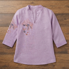 Women’s Lavender Linen Cotton Embroidered Split V-Neck Top