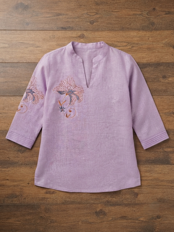 Women’s Lavender Linen Cotton Embroidered Split V-Neck Top