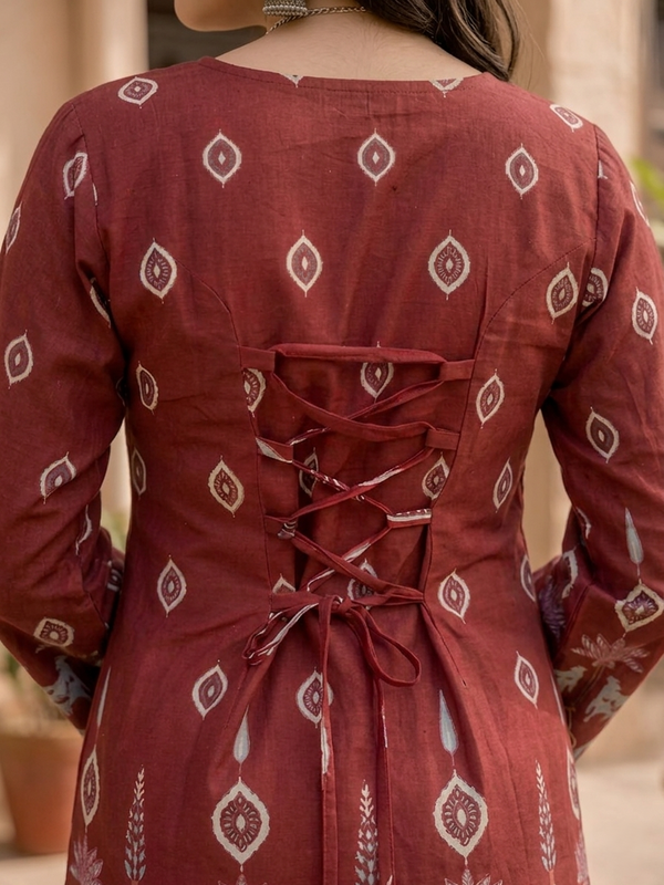 Women’s Maroon Cotton Kalamkari Bell Sleeve Tunic