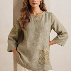 Women’s Olive Green Linen Cotton Embroidered Split V-Neck Top