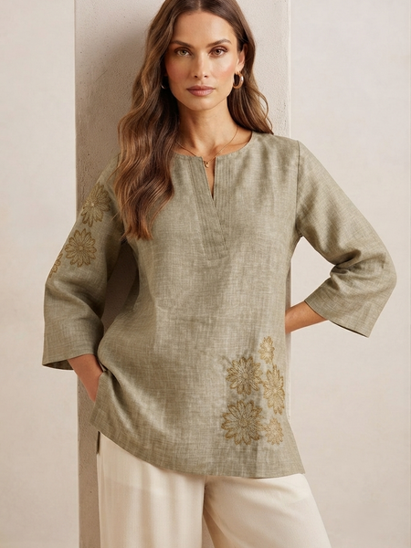 Women’s Olive Green Linen Cotton Embroidered Split V-Neck Top