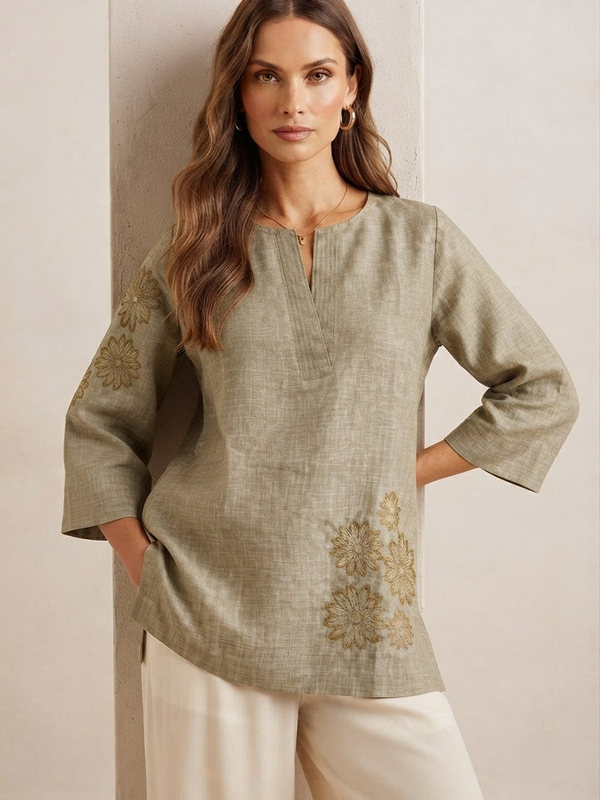 Women’s Olive Green Linen Cotton Embroidered Split V-Neck Top