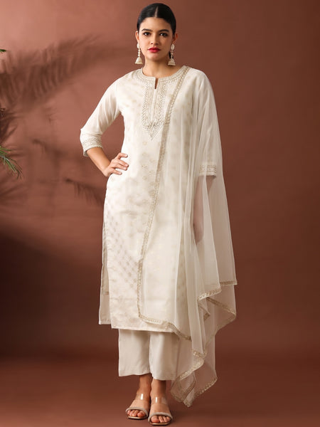 Chanderi Silk Kurta Pant Set With Net Dupatta