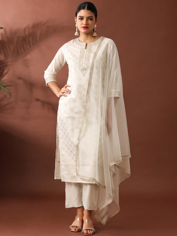 Chanderi Silk Kurta Pant Set With Net Dupatta