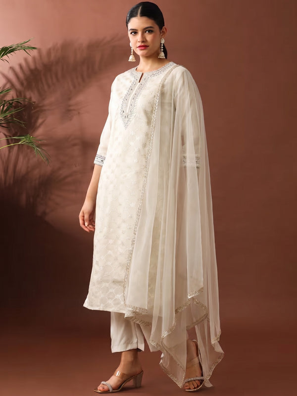 Chanderi Silk Kurta Pant Set With Net Dupatta