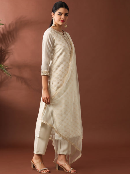 Chanderi Silk Kurta Pant Set With Net Dupatta
