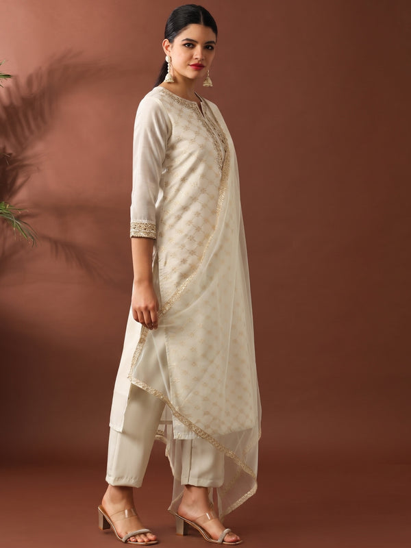 Chanderi Silk Kurta Pant Set With Net Dupatta