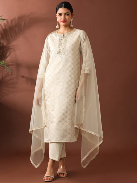 Chanderi Silk Kurta Pant Set With Net Dupatta