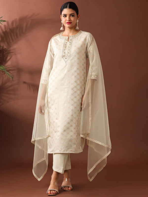 Chanderi Silk Kurta Pant Set With Net Dupatta