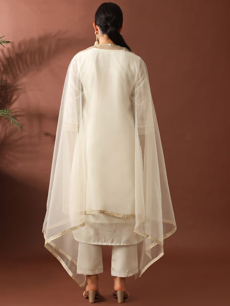 Chanderi Silk Kurta Pant Set With Net Dupatta