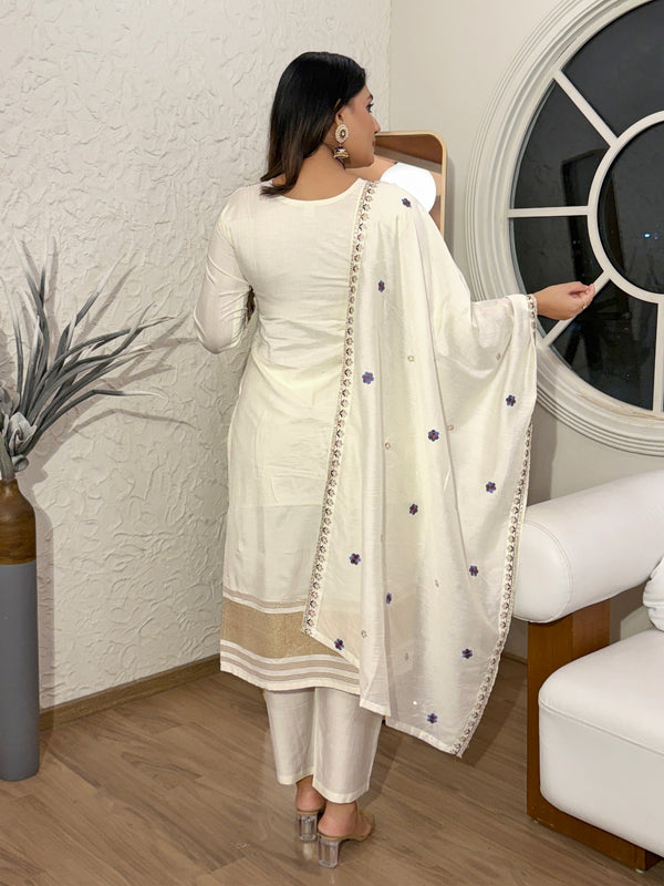 Women’s Viscose Silk Embroidered Kurta With Chanderi Pant & Dupatta Set