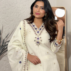 Women’s Viscose Silk Embroidered Kurta With Chanderi Pant & Dupatta Set