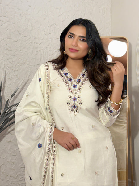 Women’s Viscose Silk Embroidered Kurta With Chanderi Pant & Dupatta Set