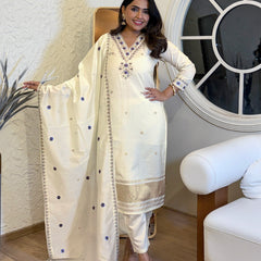 Women’s Viscose Silk Embroidered Kurta With Chanderi Pant & Dupatta Set