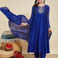 Women Embroidere Silk Straight Kurta Pant Set With Silk Dupatta