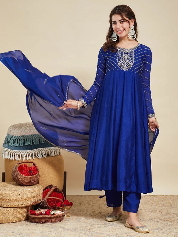 Women Embroidere Silk Straight Kurta Pant Set With Silk Dupatta