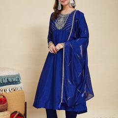 Women Embroidere Silk Straight Kurta Pant Set With Silk Dupatta