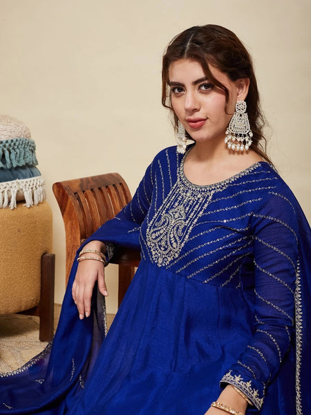 Women Embroidere Silk Straight Kurta Pant Set With Silk Dupatta