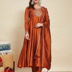 Women Embroidere Silk Straight Kurta Pant Set With Silk Dupatta